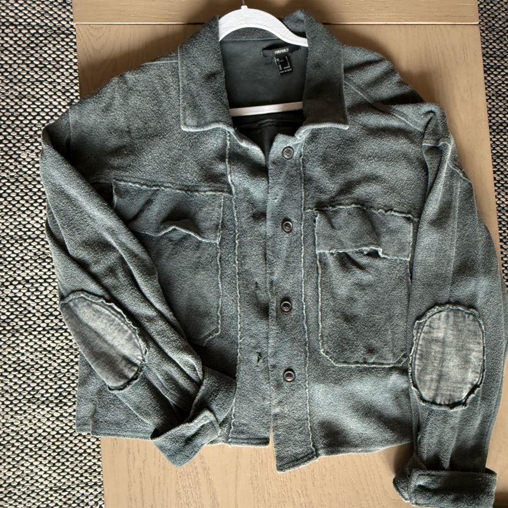 Green Button-Up Jacket with Patchwork